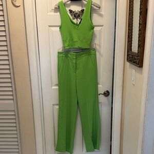 ME + EM Sleeveless V-Neck Crop Top and High-Rise Wide Leg Pants Set - Lime Green